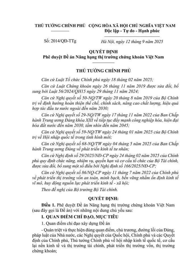 QUYẾT ĐỊNH 2014/QĐ-TTG PHÊ DUYỆT ĐỀ ÁN NÂNG HẠNG THỊ TRƯỜNG CHỨNG KHOÁN VIỆT NAM